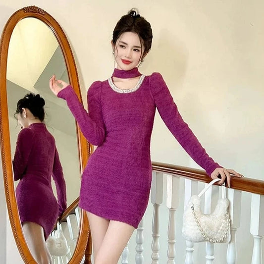 ZYHT 50692 2024 Spring Mock Neck Beading Cut-out Sexy Mini Dress Knitted Velvet Purple Casual Short Dresses
