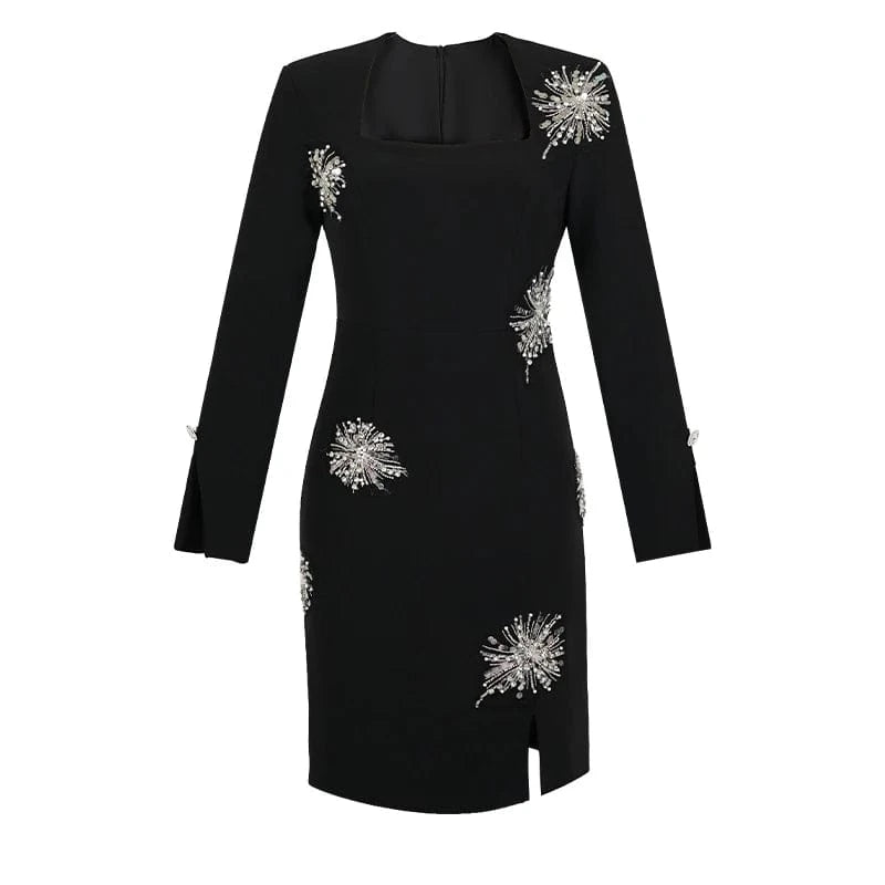 ZYHT 50705 Long Sleeve Casual Dress Spring and Autumn Black Floral Pattern Slit Dress with Pearl Sequins Waist Slimming Feature