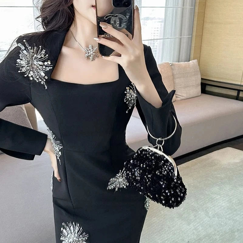 ZYHT 50705 Long Sleeve Casual Dress Spring and Autumn Black Floral Pattern Slit Dress with Pearl Sequins Waist Slimming Feature