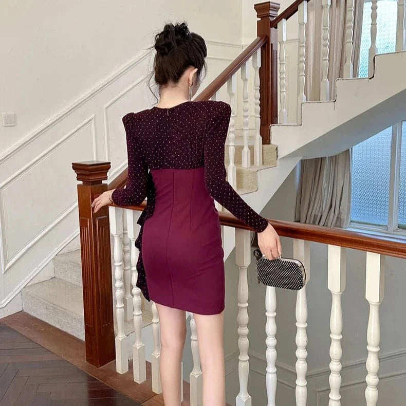 ZYHT 50706 2024 Spring Fashion Polka Dot V Neck Ruffle Irregular Mini Dress Contrasting Colors High Waist Dress