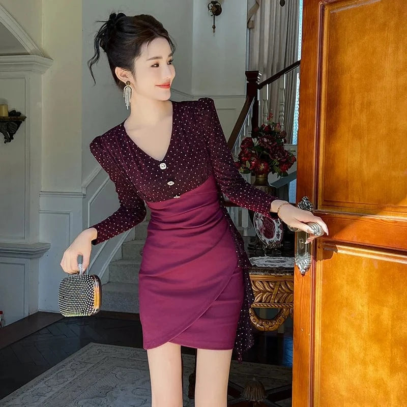 ZYHT 50706 2024 Spring Fashion Polka Dot V Neck Ruffle Irregular Mini Dress Contrasting Colors High Waist Dress