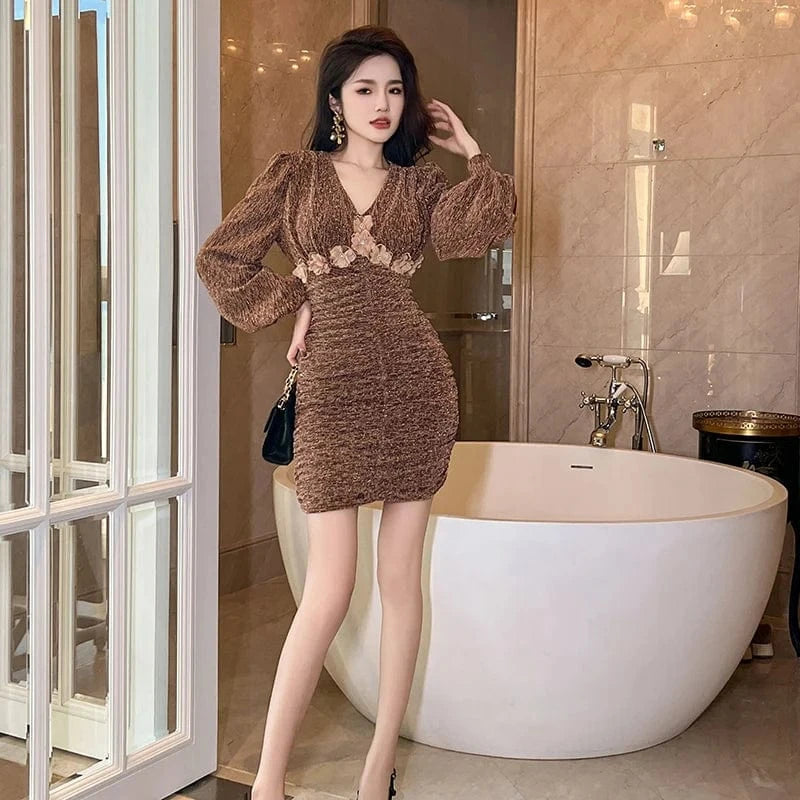 ZYHT 50709 Bubble Long Sleeve Mini Ruched Dress Sexy Tight Dresses 3D Flower Decor V Neck Flocking Natural Waistline Puff Sleeve