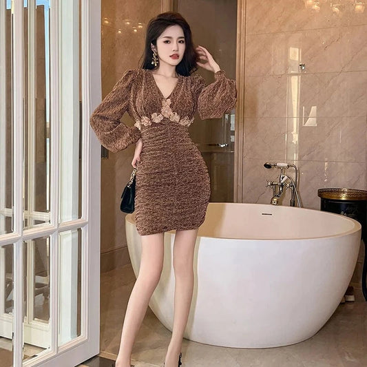 ZYHT 50709 Bubble Long Sleeve Mini Ruched Dress Sexy Tight Dresses 3D Flower Decor V Neck Flocking Natural Waistline Puff Sleeve