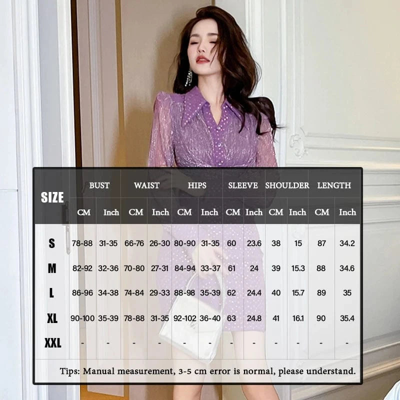 ZYHT 50710 Casual Mini Dress with Long Mesh Puff Sleeves Polka Dot Sequins Turn-Down Collar Pleated Waist Button Decor