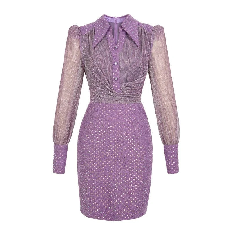 ZYHT 50710 Casual Mini Dress with Long Mesh Puff Sleeves Polka Dot Sequins Turn-Down Collar Pleated Waist Button Decor