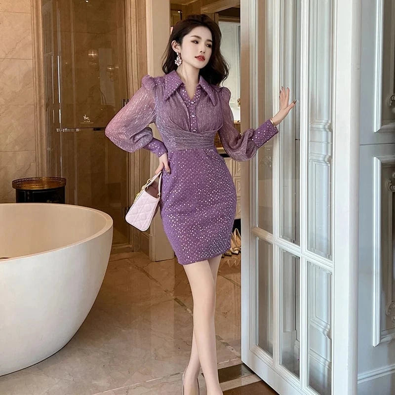 ZYHT 50710 Casual Mini Dress with Long Mesh Puff Sleeves Polka Dot Sequins Turn-Down Collar Pleated Waist Button Decor