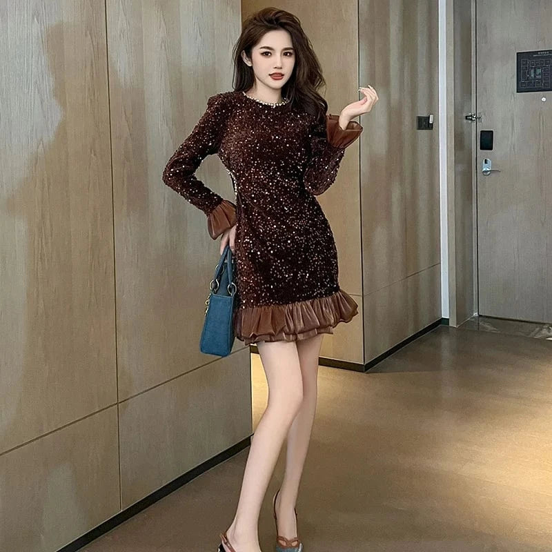 ZYHT 50712 Women Dresses Wholesale Sequin Sparkly  Party Long Sleeve Lady Elegant Women's Sexy Valentines Dresses