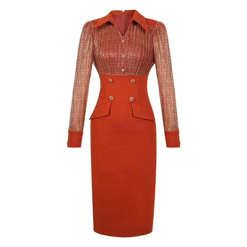 ZYHT 50727 V Neck Natural Waistline Large Size Women Daily Dress Buttons Decor Back Slit Patchwork Plaid Dress