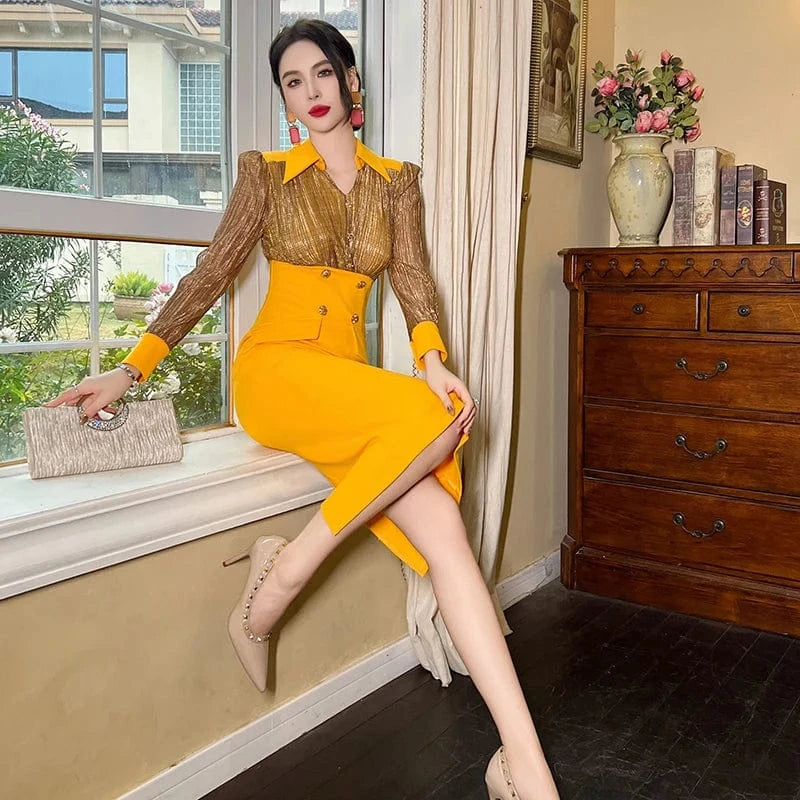 ZYHT 50727 V Neck Natural Waistline Large Size Women Daily Dress Buttons Decor Back Slit Patchwork Plaid Dress