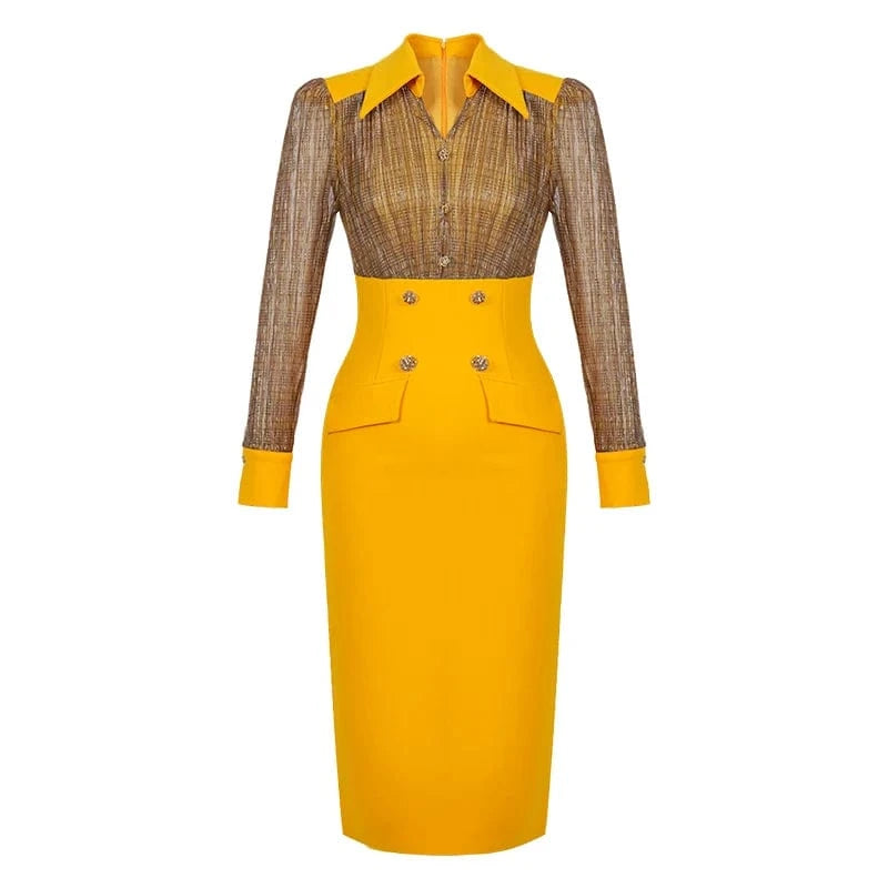 ZYHT 50727 V Neck Natural Waistline Large Size Women Daily Dress Buttons Decor Back Slit Patchwork Plaid Dress