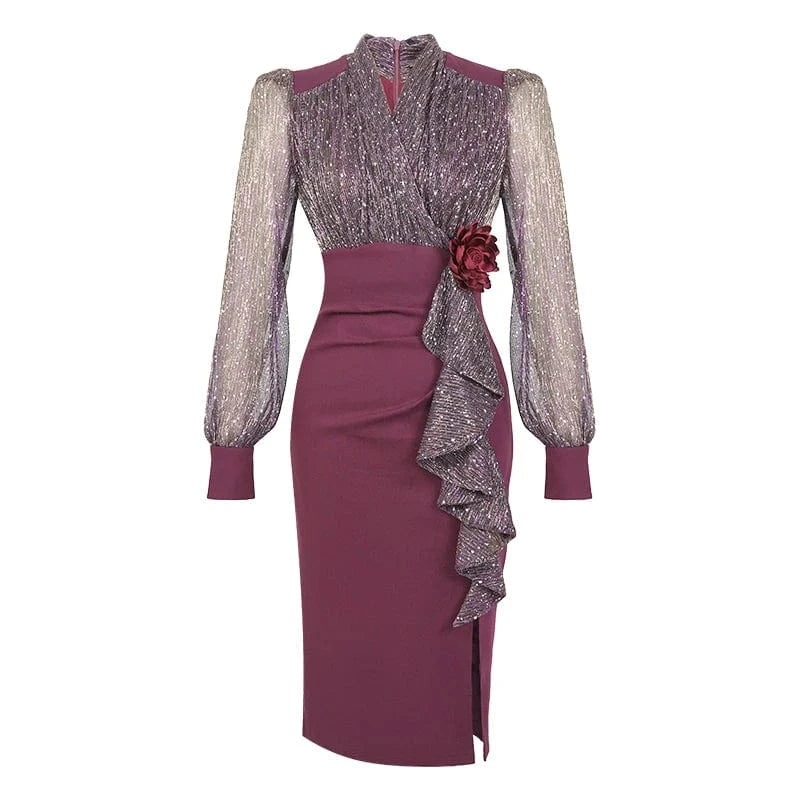 ZYHT 50749 Illusion Flounce Edge Decor Casual Dresses Mesh Sheer Long Sleeve Dress for Party Prom Evening Events