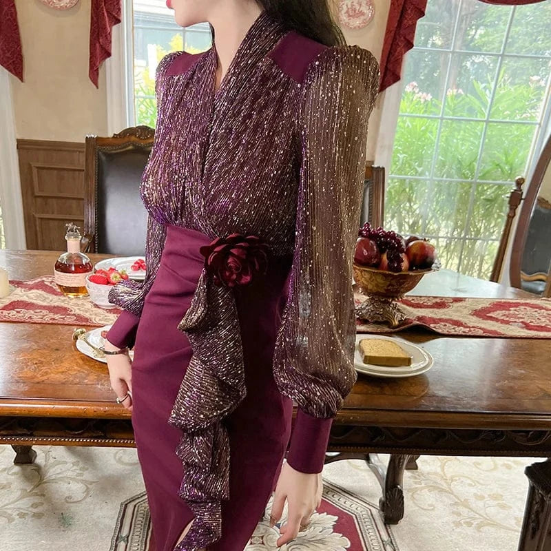 ZYHT 50749 Illusion Flounce Edge Decor Casual Dresses Mesh Sheer Long Sleeve Dress for Party Prom Evening Events