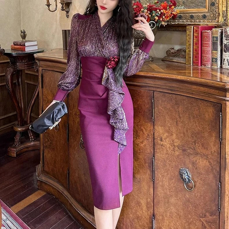 ZYHT 50749 Illusion Flounce Edge Decor Casual Dresses Mesh Sheer Long Sleeve Dress for Party Prom Evening Events