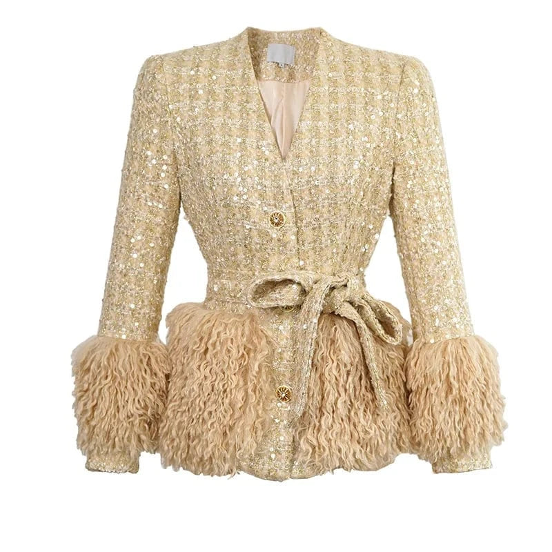 ZYHT 70102 Autumn Full Sleeve V-neck Sequined Casual Jacket Lace-up Single Breasted Feather Tassel Tweed Coat