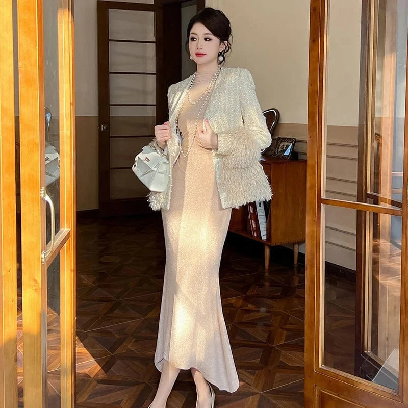 ZYHT 70102 Autumn Full Sleeve V-neck Sequined Casual Jacket Lace-up Single Breasted Feather Tassel Tweed Coat