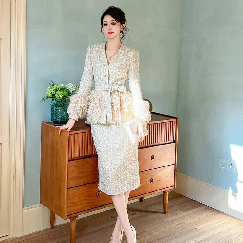 ZYHT 70102 Autumn Full Sleeve V-neck Sequined Casual Jacket Lace-up Single Breasted Feather Tassel Tweed Coat