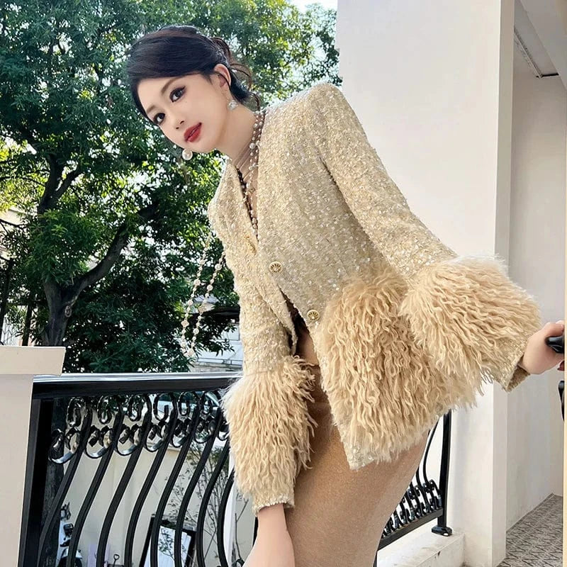 ZYHT 70102 Autumn Full Sleeve V-neck Sequined Casual Jacket Lace-up Single Breasted Feather Tassel Tweed Coat