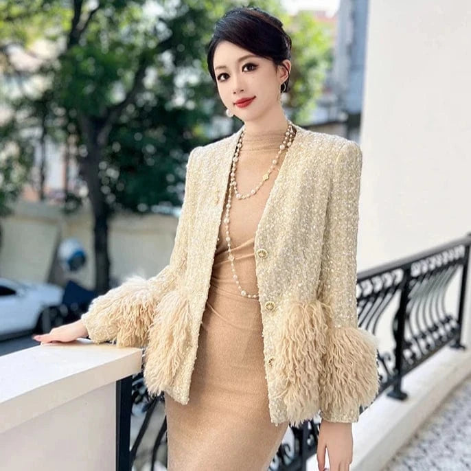 ZYHT 70102 Autumn Full Sleeve V-neck Sequined Casual Jacket Lace-up Single Breasted Feather Tassel Tweed Coat