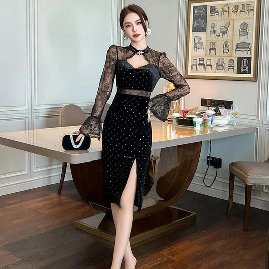 ZYHT 70133 Mature Ladies Black See Through Lace Velvet Mid Length Dress Polka Dot Bell Sleeve Hollow Out Dress