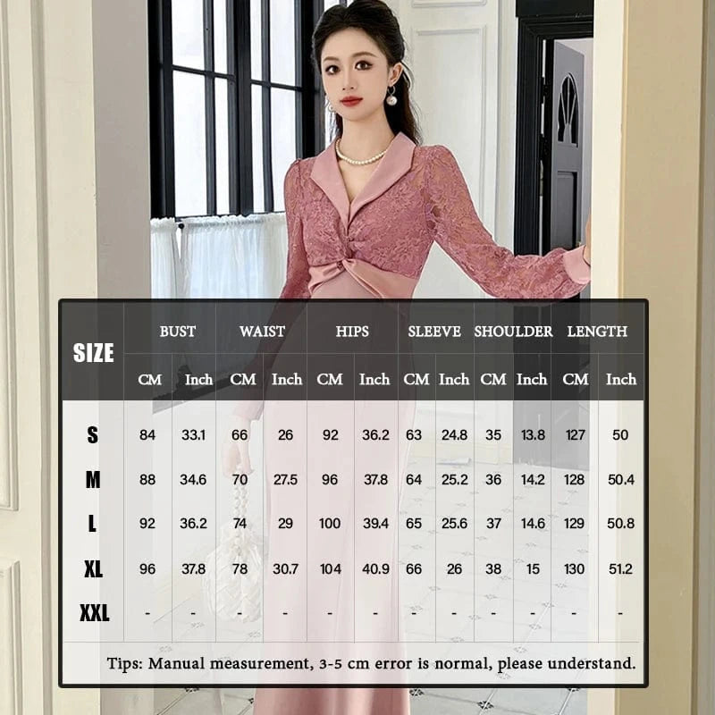 ZYHT 70154 Turn Down Collar Pink Embroidered Lace Long Fishtail Dress Puff Sleeve Pleated Waist Party Dress