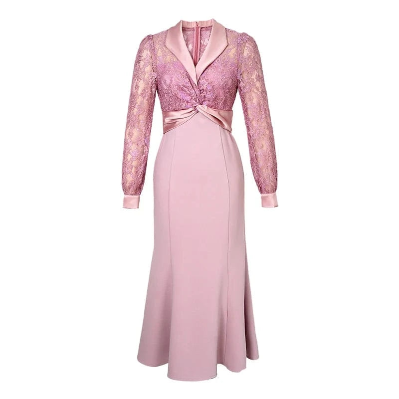 ZYHT 70154 Turn Down Collar Pink Embroidered Lace Long Fishtail Dress Puff Sleeve Pleated Waist Party Dress