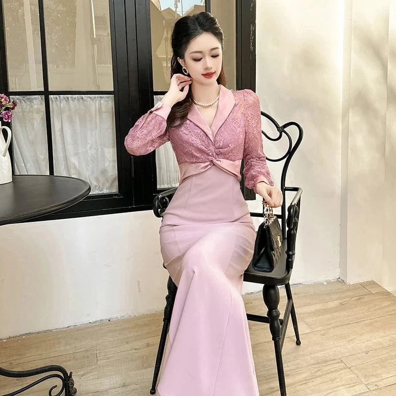 ZYHT 70154 Turn Down Collar Pink Embroidered Lace Long Fishtail Dress Puff Sleeve Pleated Waist Party Dress