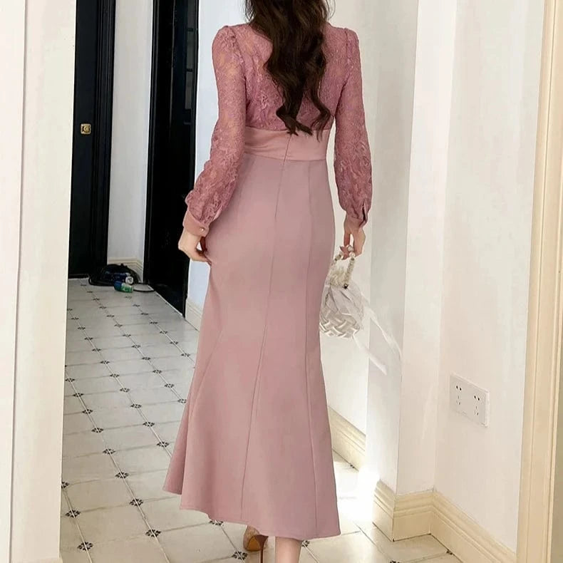 ZYHT 70154 Turn Down Collar Pink Embroidered Lace Long Fishtail Dress Puff Sleeve Pleated Waist Party Dress