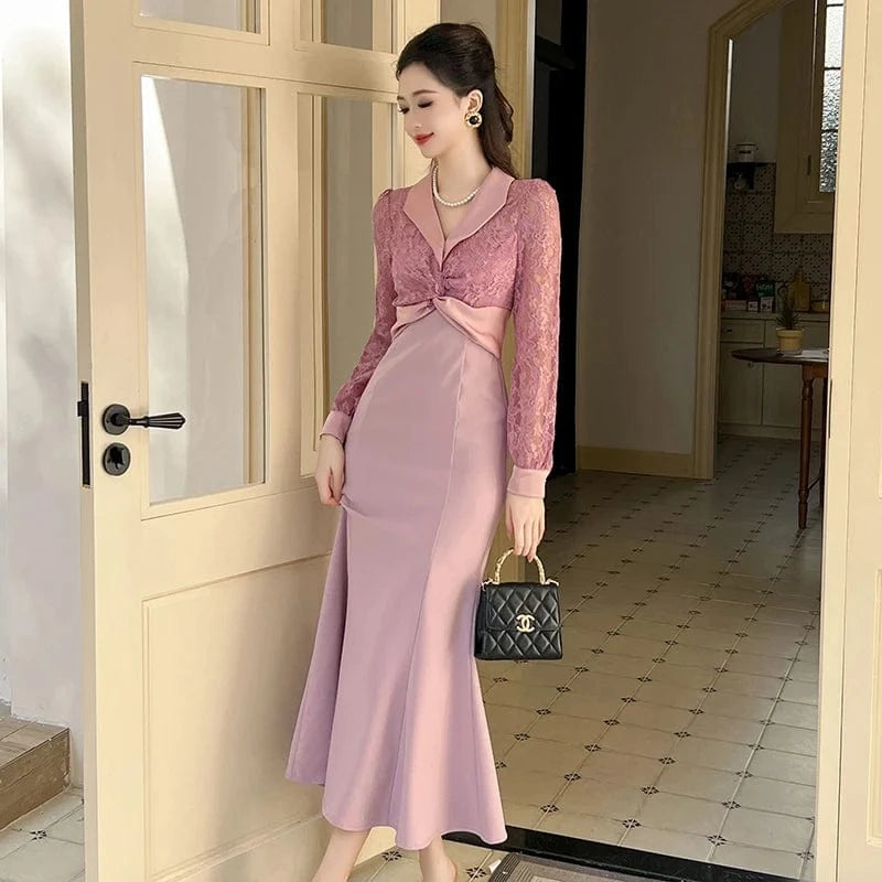 ZYHT 70154 Turn Down Collar Pink Embroidered Lace Long Fishtail Dress Puff Sleeve Pleated Waist Party Dress