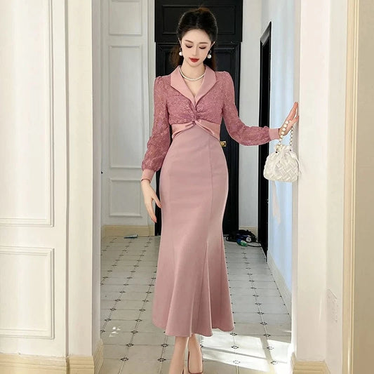 ZYHT 70154 Turn Down Collar Pink Embroidered Lace Long Fishtail Dress Puff Sleeve Pleated Waist Party Dress