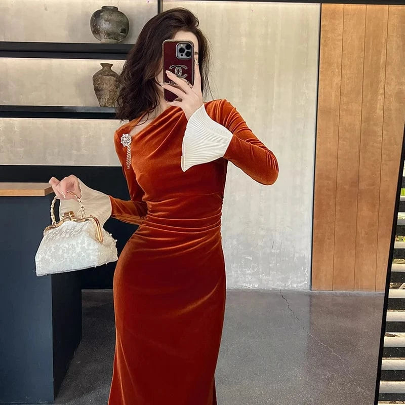 ZYHT 70199 Chiffon Bell Sleeve Slim Waist Pleated Flared Long Velvet Dress Asymmetrical Neck Orange Trumpet Dress