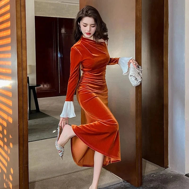 ZYHT 70199 Chiffon Bell Sleeve Slim Waist Pleated Flared Long Velvet Dress Asymmetrical Neck Orange Trumpet Dress