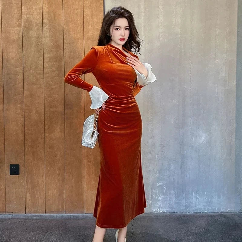 ZYHT 70199 Chiffon Bell Sleeve Slim Waist Pleated Flared Long Velvet Dress Asymmetrical Neck Orange Trumpet Dress