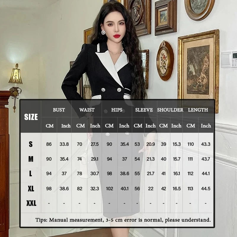 ZYHT 70208 Double Breasted Knee Length Career Dresses Women's Breathable Formal Blazer Dress in Black and White