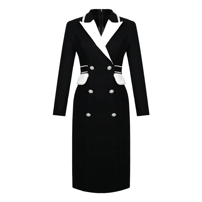 ZYHT 70208 Double Breasted Knee Length Career Dresses Women's Breathable Formal Blazer Dress in Black and White