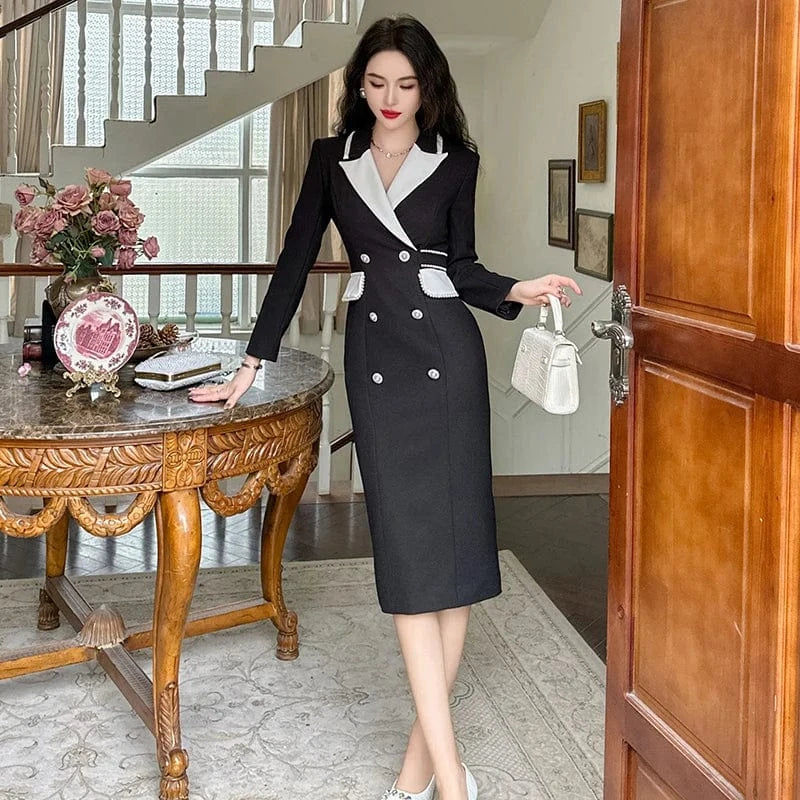 ZYHT 70208 Double Breasted Knee Length Career Dresses Women's Breathable Formal Blazer Dress in Black and White