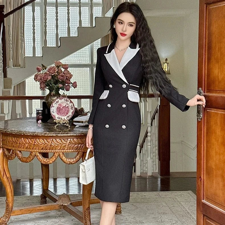 ZYHT 70208 Double Breasted Knee Length Career Dresses Women's Breathable Formal Blazer Dress in Black and White
