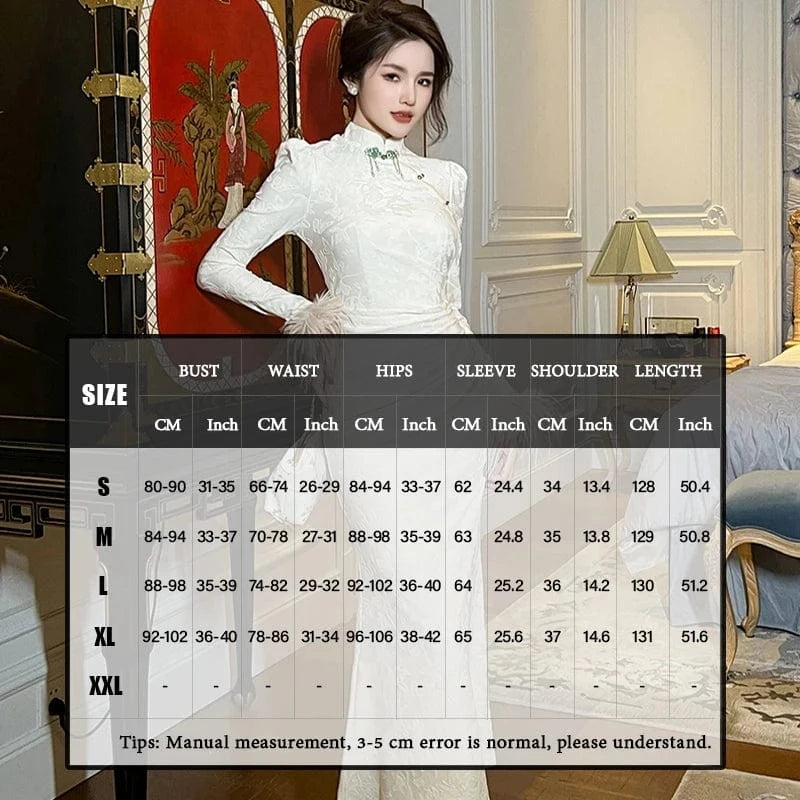 ZYHT 70215 Elegant Retro-Style Qipao Fishtail Dress Mandarin Collar Floral Print Beige Spandex Long Cheongsam