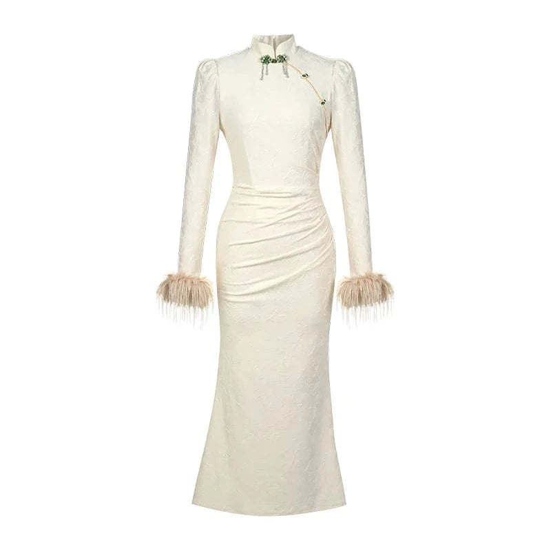 ZYHT 70215 Elegant Retro-Style Qipao Fishtail Dress Mandarin Collar Floral Print Beige Spandex Long Cheongsam