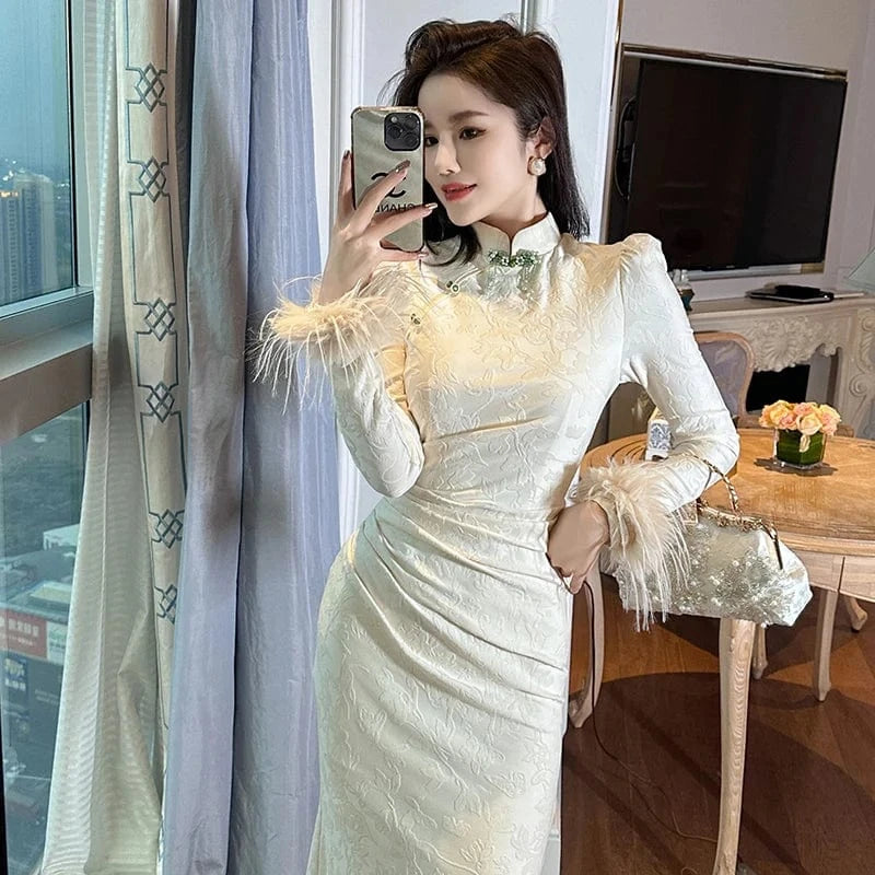 ZYHT 70215 Elegant Retro-Style Qipao Fishtail Dress Mandarin Collar Floral Print Beige Spandex Long Cheongsam
