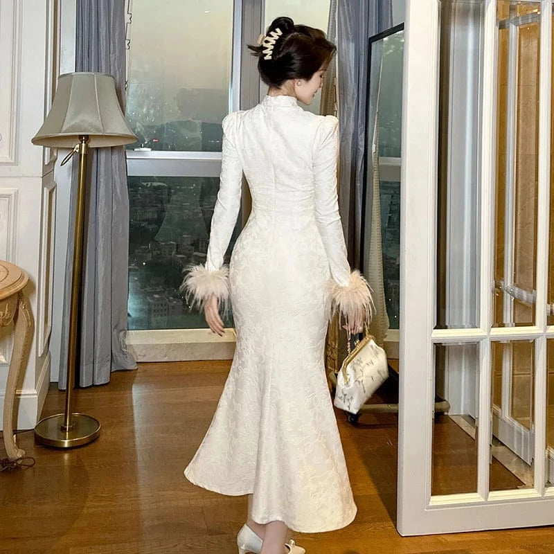 ZYHT 70215 Elegant Retro-Style Qipao Fishtail Dress Mandarin Collar Floral Print Beige Spandex Long Cheongsam