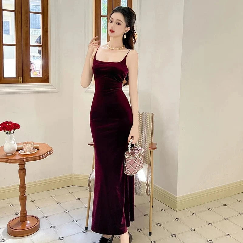ZYHT 9605 Velvet Slip Sleeveless Backless Sexy Lady Maxi Dress Banquet Party Back Slit Big Swing Long Dress