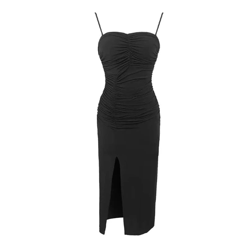 ZYHT 9623 Summer Black Camisole Dress Sexy Solid Women Party Club Pleated High Slit Spaghetti Strap Long Dresses
