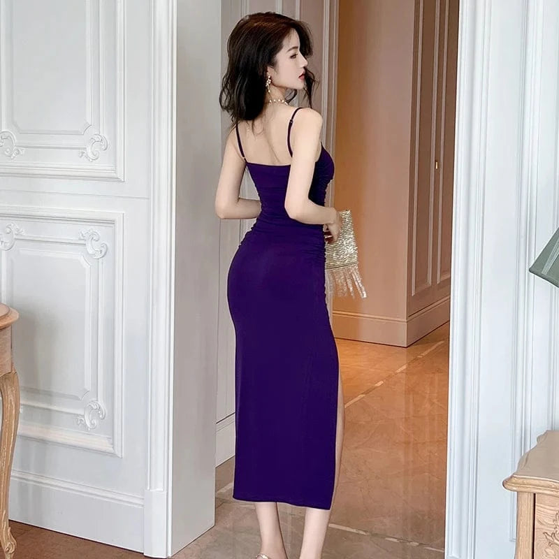 ZYHT 9623 Summer Black Camisole Dress Sexy Solid Women Party Club Pleated High Slit Spaghetti Strap Long Dresses