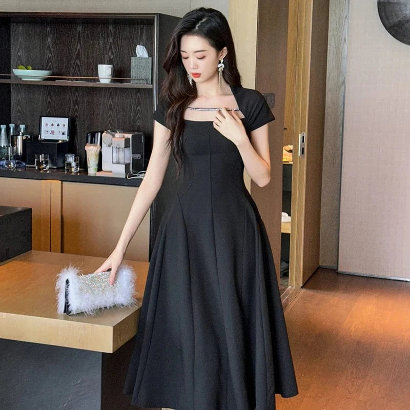 ZYHT 9625 Fashion Square Neck White Black Bridesmaid Dresses Solid Woven A Line Swing Hepburn Style Long Dress