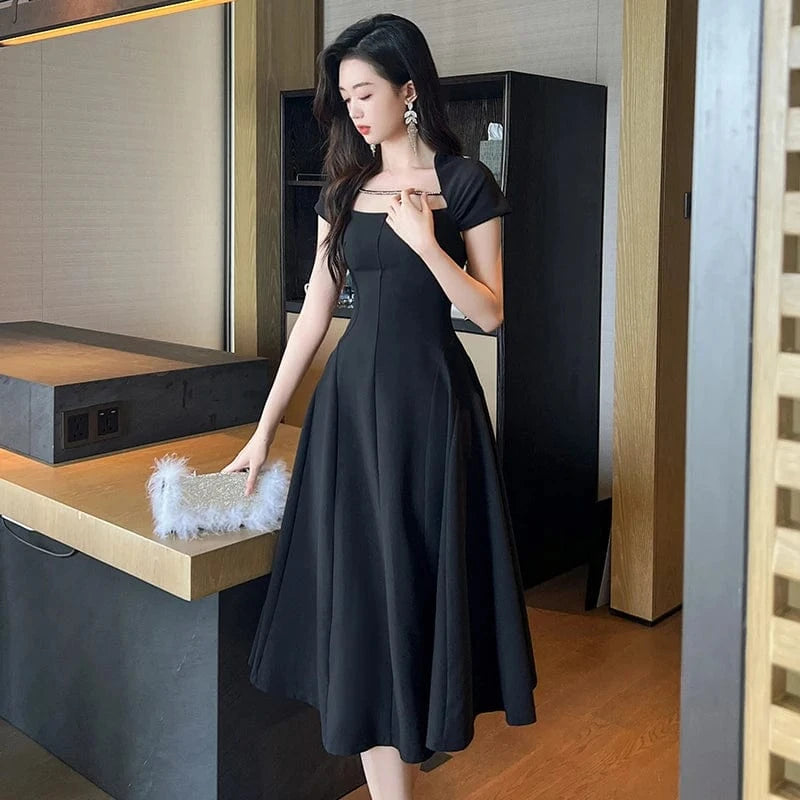 ZYHT 9625 Fashion Square Neck White Black Bridesmaid Dresses Solid Woven A Line Swing Hepburn Style Long Dress
