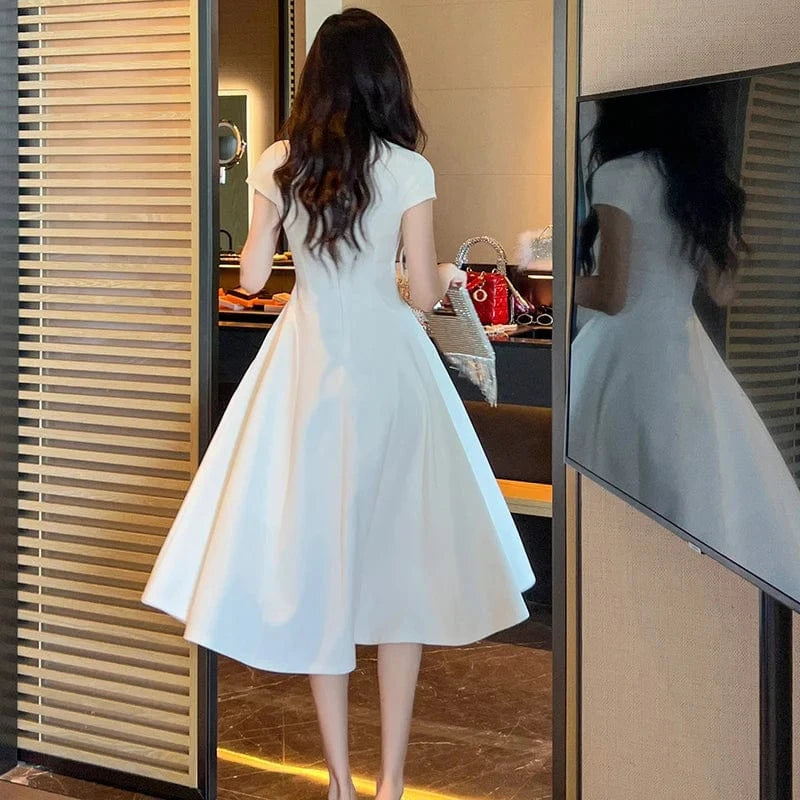 ZYHT 9625 Fashion Square Neck White Black Bridesmaid Dresses Solid Woven A Line Swing Hepburn Style Long Dress