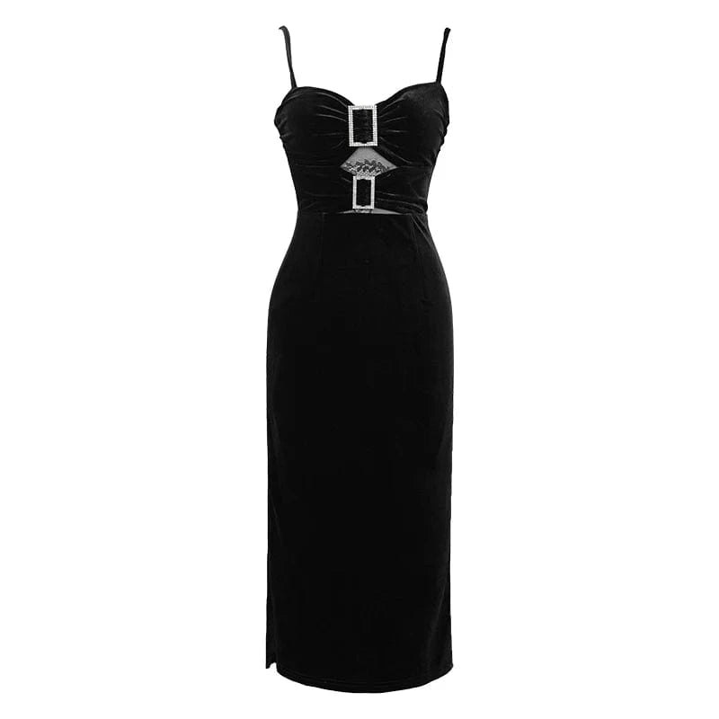 ZYHT 9680 Cut-out Lace Stitching Sexy Velvet Dress Eco-Friendly Sleeveless Midi Dresses with Spaghetti Straps