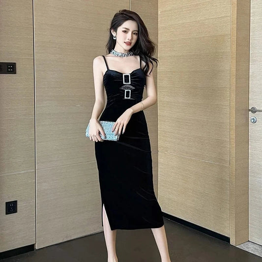 ZYHT 9680 Cut-out Lace Stitching Sexy Velvet Dress Eco-Friendly Sleeveless Midi Dresses with Spaghetti Straps