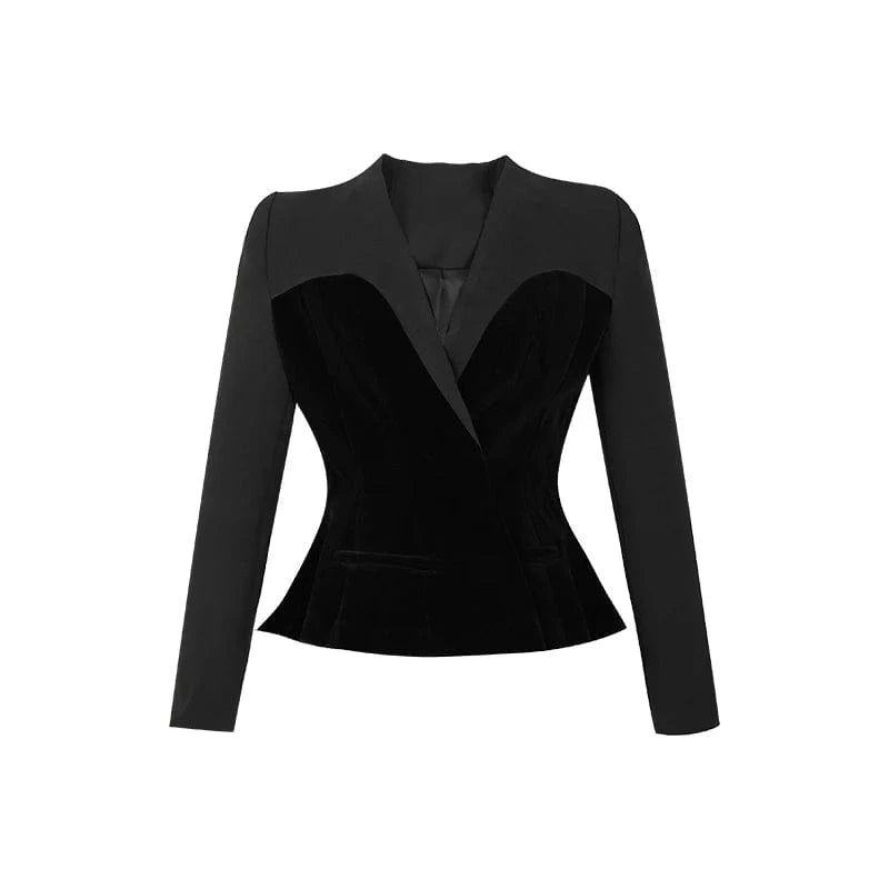 ZYHT 9723 Velvet Patchwork Slim Fit Women's Blazer and Coat Black Ladies' Stylish and Versatile Outerwear