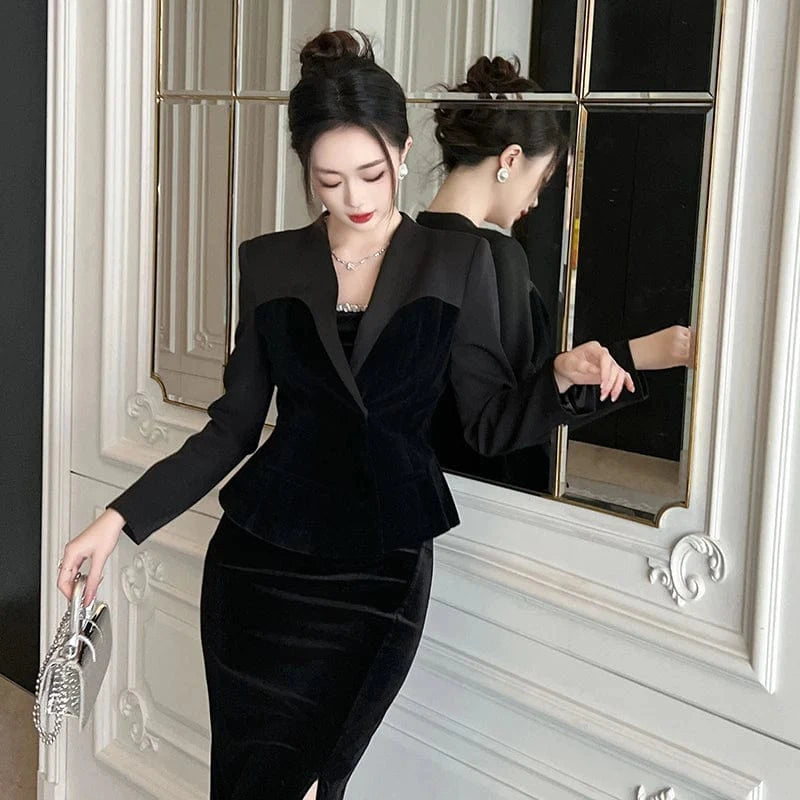 ZYHT 9723 Velvet Patchwork Slim Fit Women's Blazer and Coat Black Ladies' Stylish and Versatile Outerwear